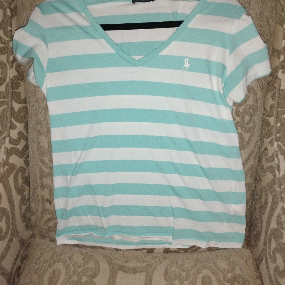 RALPH LAUREN = BABY BLUE & WHITE STRIPE T-SHIRT = WHITE LABEL WOMAN'S = SIZE M